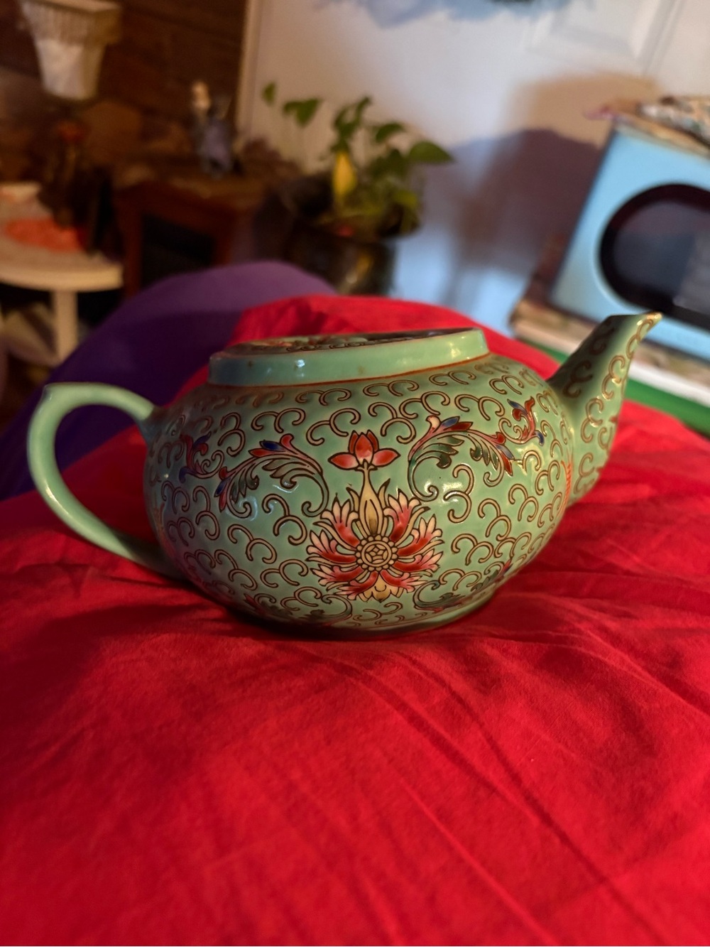 Antique Hand-Painted Floral Turquoise Teapot - Decorative Home Art